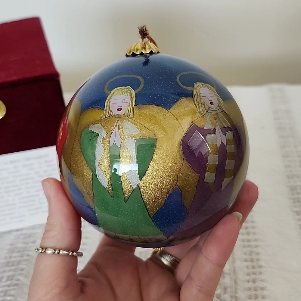 Hand Painted Christmas Ornament of Praying Angels, Big Ball Ornament.